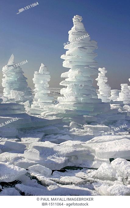 Man-made ice towers on frozen lake Chiemsee, Chiemgau, Upper Bavaria, Germany, Europe