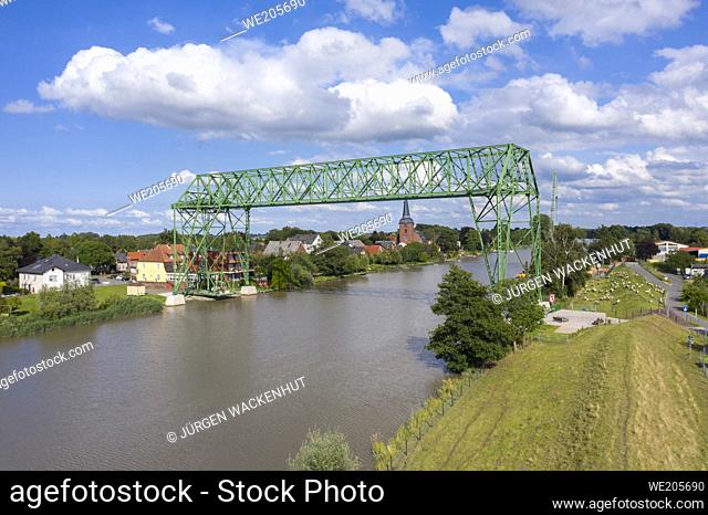 Aerial view with the transporter bridge Osten-Hemmoor over river Oste, Osten, Lower Saxony, Germany, Europe