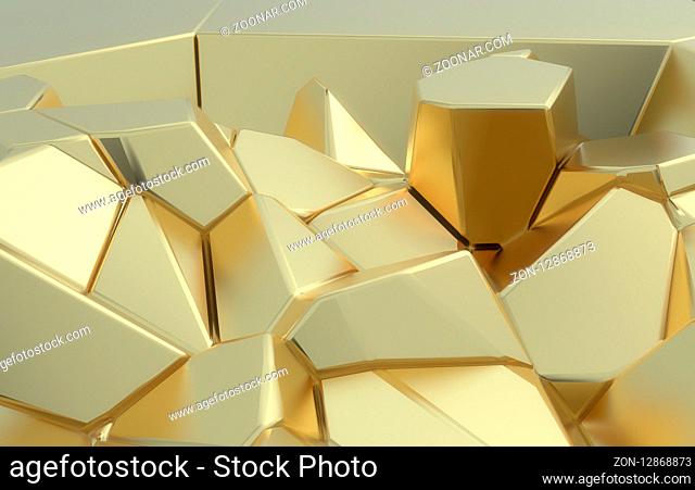 3d render, golden modern shattered wall texture, random clusters digital illustration, abstract geometric background. Wealth and Prosperity reach concept...