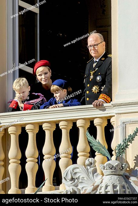 Prince Albert II, Princess Charlene , Prince Jacques and Princess Gabriella of Monaco on the balcony of the Princely Palace in Monaco-Ville, on November 19