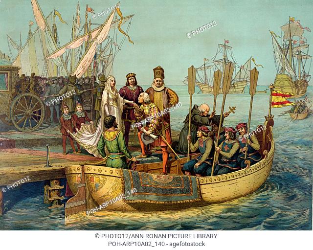 Christopher Columbus taking leave of Isabella of Castile and Ferdinand II of Aragon before setting out on his first voyage to the New World