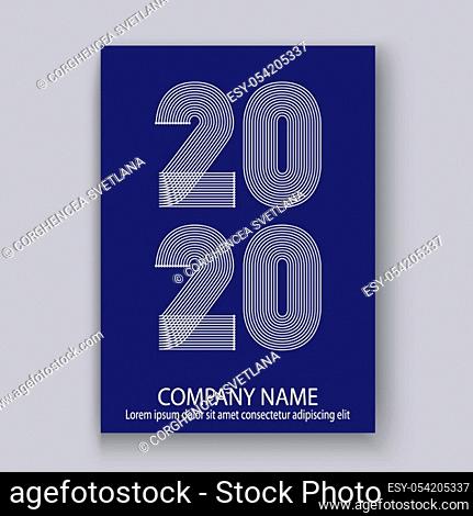 Cover Annual Report numbers 2020 in thin lines. Year 2020 text design in colour trend white on blue phantom abstract background. Vector illustration
