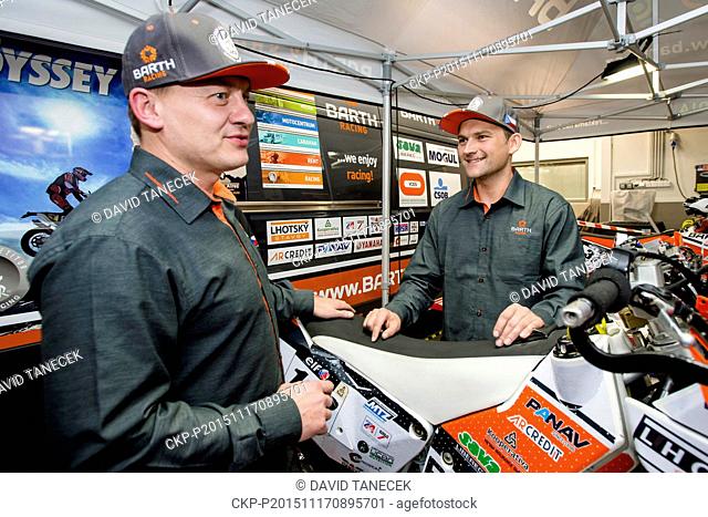 Press conference of Barth racing team before Rallye Dakar took place in Pardubice, Czech Republic, on November 17, 2015. Pictured motorbike riders David Pabiska