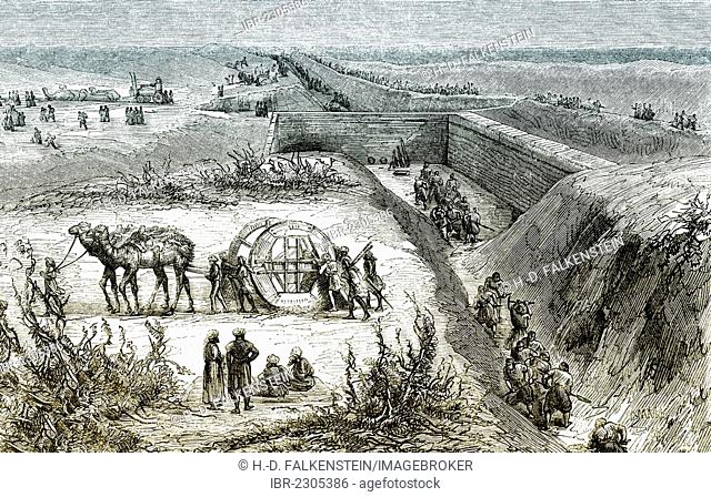 Historic drawing, 19th century, workers constructing the Suez Canal, 1861