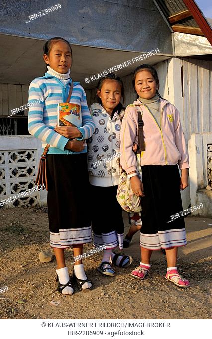 Female pupils in traditional school uniform, city of Phonsavan, Laos, Southeast Asia, Asia