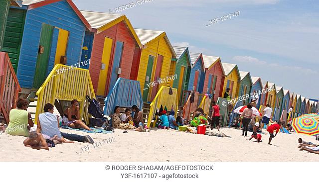 Rows of wooden huts/bathing boxes/private changing room line the high water mark at Muizenberg Beach, Cape Town, South Africa