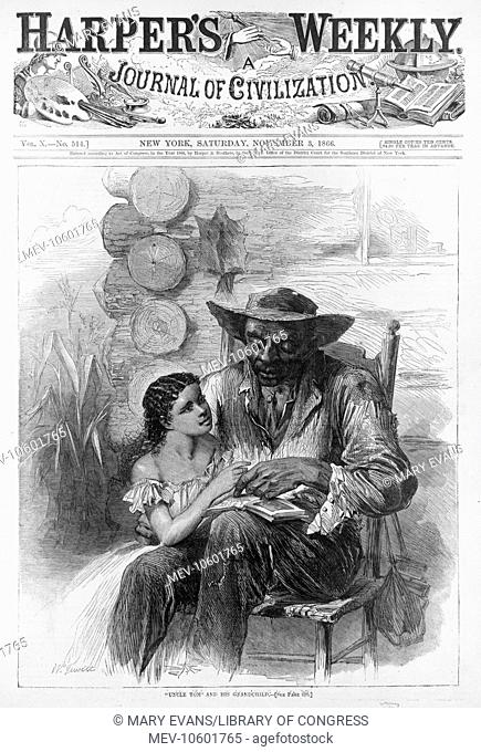 Uncle Tom and his grandchild. Illustration showing an African American man seated outside a log cabin, being taught to read by his racially mixed granddaughter