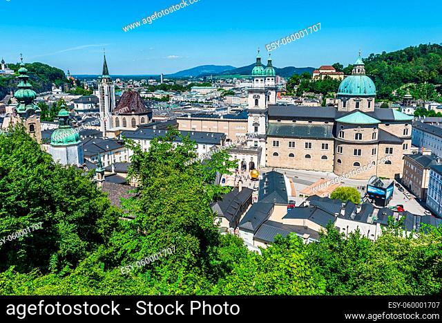 Salzburg Cathedral and historic centre of Salzburg viewed from a window of the Hohensalzburg Fortress