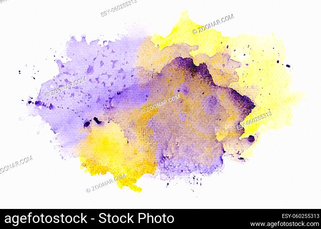 Abstract purple and yellow watercolor splash with glitter isolated on white background