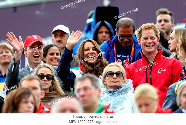 Duke and Duchess of Cambridge & Prince Harry cheer on Zara Phillips (Tindall) representing Great Britain in the London 2012 Olympic Games, Equestrian Team Event