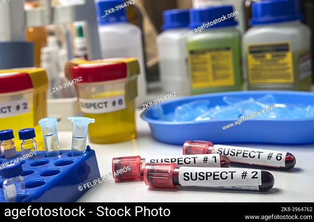 Various analyses of urine, saliva and blood of homicide suspects in crime lab, conceptual image