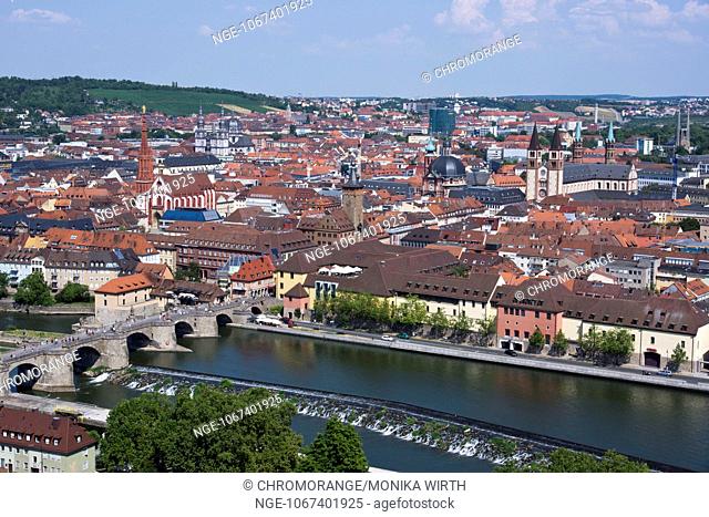 View from the Fortress Marienberg over Wuerzburg, in front the old Main bridge, Franconia, Bavaria, Germany, Europe