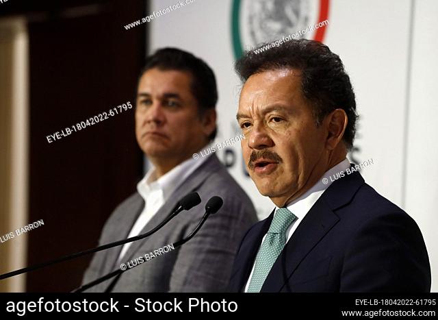 MEXICO CITY, MEXICO - APR 18, 2022: National Regeneration Movement party coordinator Ignacio Mier speaks during a news conference at Mexico's Chamber of...