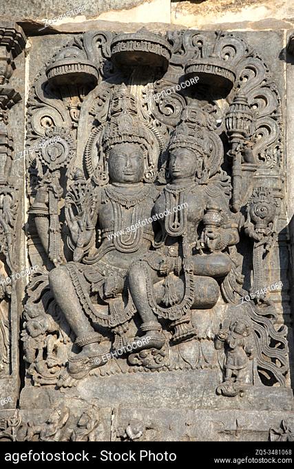 Siva and Parvathi relief, Hoysaleswara Shiva temple, Halebidu, Karnataka, India