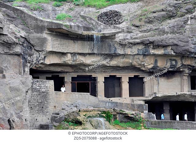 Cave 5 : Facade. It has a large hall thirty-five meters from front to back. Ellora Caves, Aurangabad, Maharashtra, India