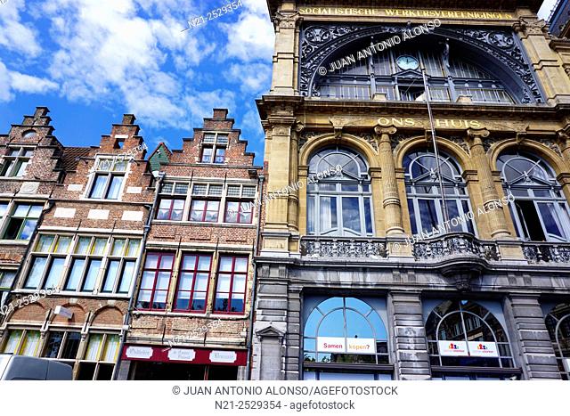 Buildings in the Vrijdagmarkt. On the right, the Ons Huis building, home to the Socialistische Werkersvereenigingen -Socialist Workers Union - in Ghent, Belgium
