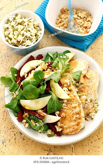 Fried chicken breast with pear and sprout salad