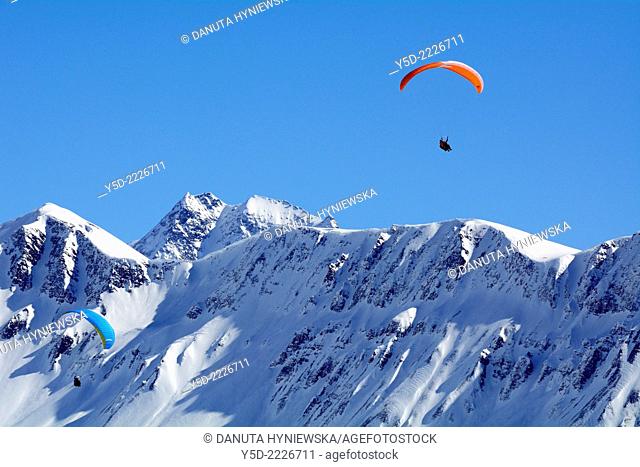 Paragliding over Swiss Alps, Bernese Alps, Fiescheralp, canton Valais, Switzerland, Europe