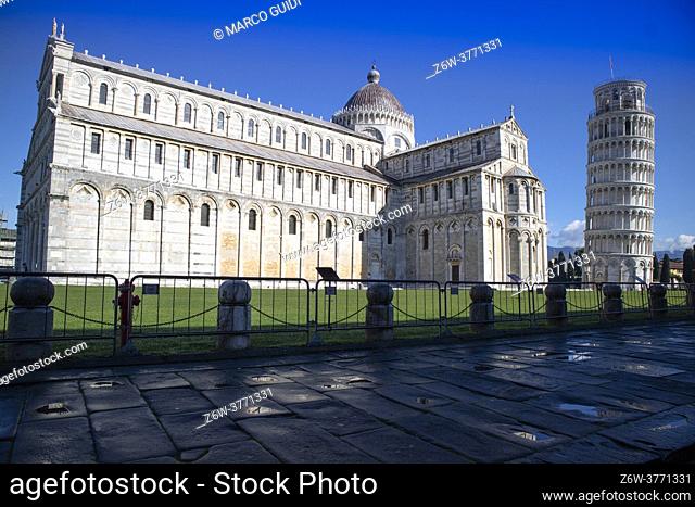 Perspective view of the architecture of the Piazza dei Miracoli in Pisa Tuscany Italy