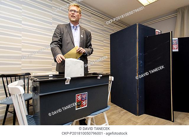 Pavel Belobradek, Chairman of Christian and Democratic Union casts their ballot at a polling station during the First day of local elections in Nachod