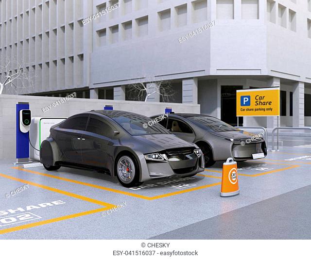 Autonomous vehicles in parking lot for sharing. Car sharing business concept. 3D rendering image