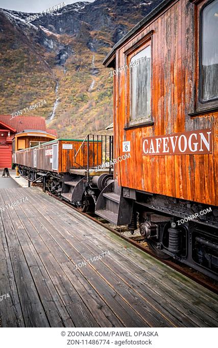 Flam, Norway - October 2017 : Old Flamsbana train carriage in the railway museum in the Flam town, Norway