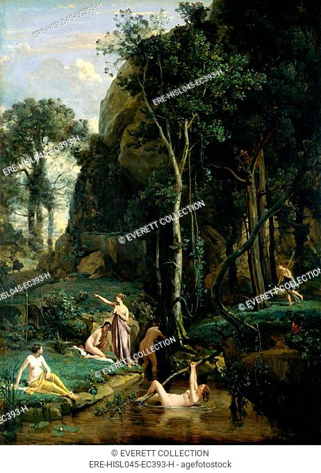 DIANA AND ACTAEON, by Camille Corot, 1836, French painting, oil on canvas. The goddess Diana, points as the hunter Actaeon approaches the goddess and her nymphs...