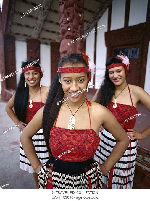 Maori Girls Dressed in Maori Costume / Traditional Costume, Rotorua, North Island, New Zealand