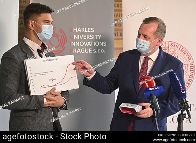 Charles University Innovations Prague director Otomar Slama, left, and Charles University (UK) Rector Tomas Zima give briefing to present new multiplex kit for...