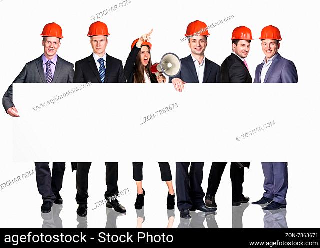 Group of business people presenting empty banner. Isolated on white
