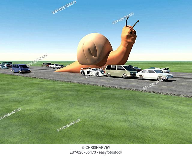 A surreal humorous image of a giant snail on a busy motorway