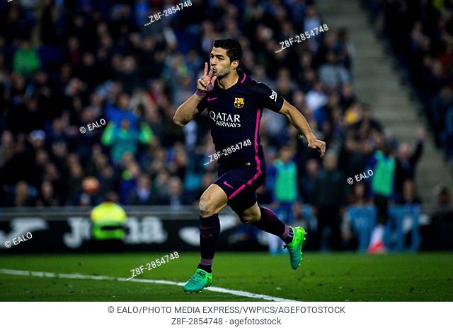 BARCELONA, SPAIN. APRIL 29TH, 2017 - Luis Suarez celebrates his first goal during La Liga Santander matchday 35 game between Espanyol and FC Barcelona