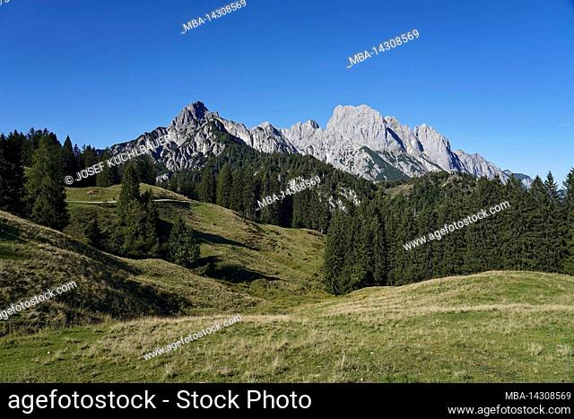 Austria, Salzburger Land, Pinzgau, Hirschbichlpass, Litzlalmen, view to Germany to the mountain range Reiteralpe, from left, Gernhorn, Mühlsturzhorn