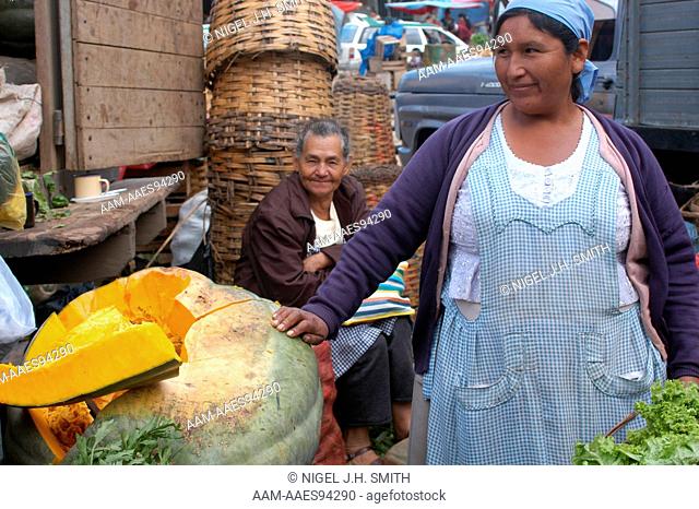 Squash (Cucurbita) in market with woman vendor, Arbasto Market, Santa Cruz, Bolivia 5-25-05