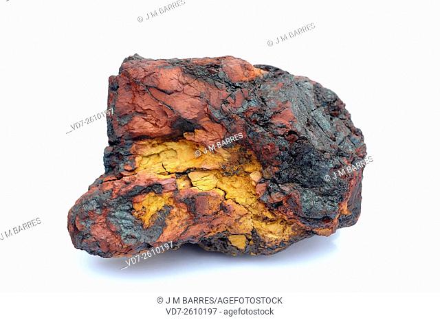 Hematite and limonite. Hematite or haematite is a mineral composed by iron oxide; limonite are formed by iron hidroxide. Both are iron ore