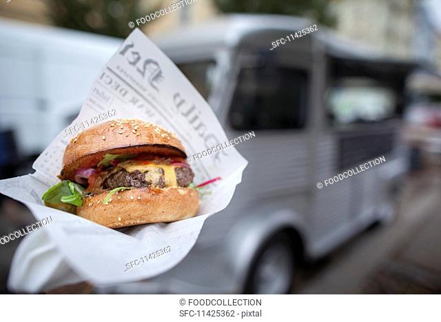 A hamburger from a fast food truck