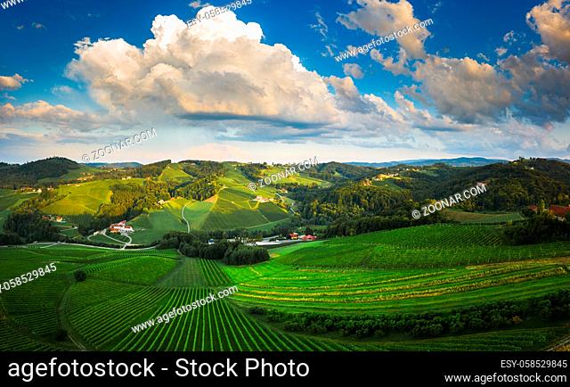 South styria vineyards aerial panorama landscape, near Gamlitz, Austria, Eckberg, Europe. Grape hills view from wine road in spring