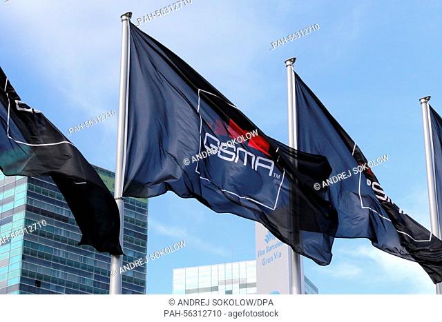 Flags of the exhibition organisers GSMA outside the exhibition centre before the Mobile World Congress in Barcelona, Spain, 28 February 2015