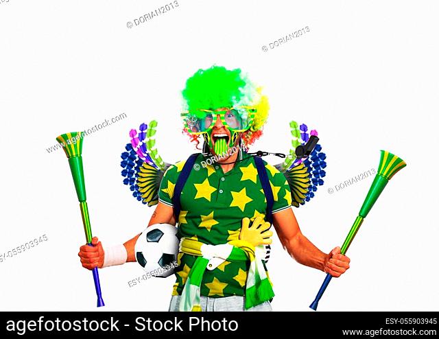 Brazil football fan in a green wig and horns