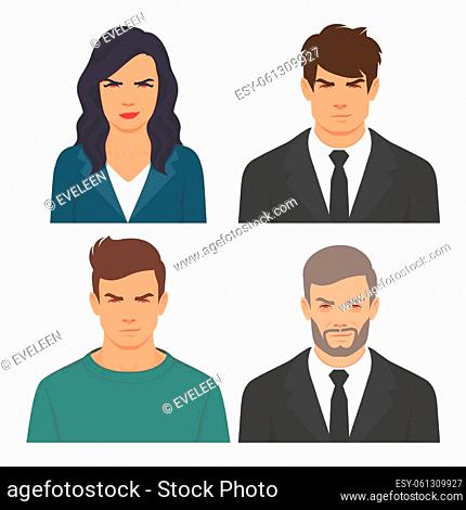 aggression, stress concept. Young woman and man on avatars, anger emotion. red eye . Crazy. Relationship tension. Simple flat vector