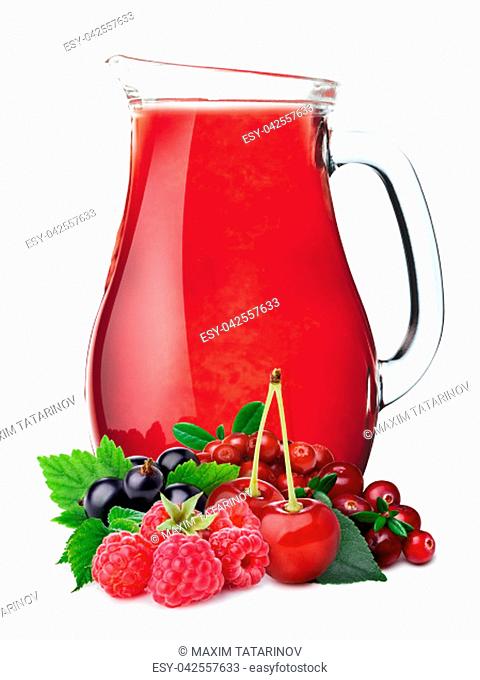 Multifruit juice pitcher or jug with berries on foreground. Separate clipping paths for whole composite and for shadow. Infinite depth of field