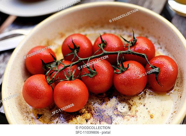Trusses of tomatoes in a roasting pan