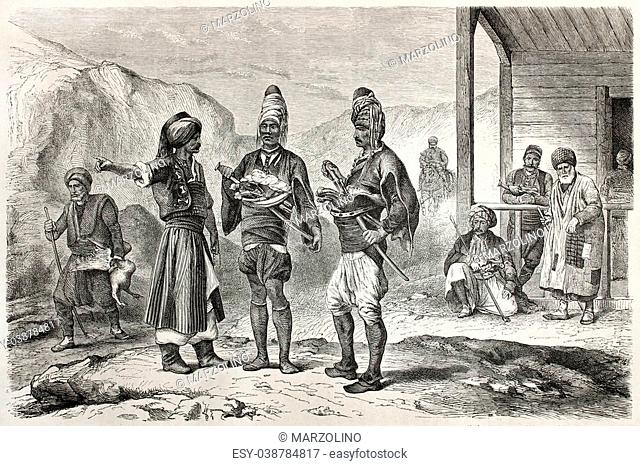 Old scene of Turkish people. Created by Castelli, published on Le Tour du Monde, Paris, 1864