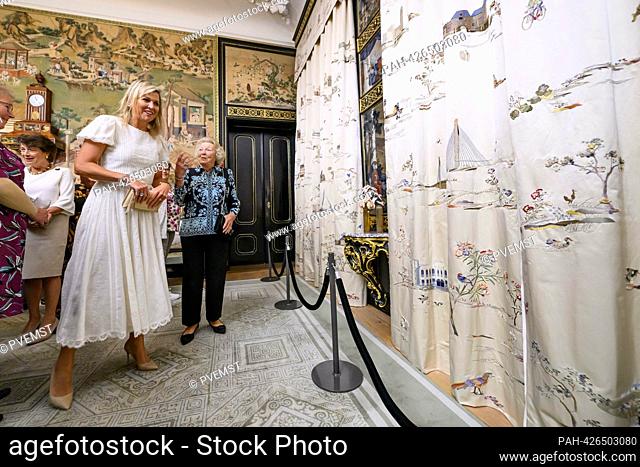 Queen Maxima and Princess Beatrix of The Netherlands at Palace Huis ten Bosch in The Hague, on September 20, 2023, to receive the craftsmen who helped embroider...