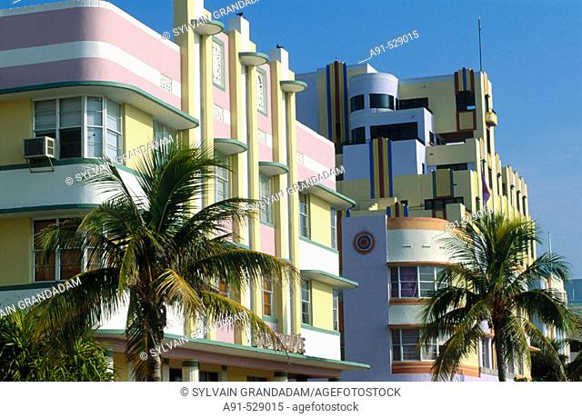 The Art Deco district around Ocean Drive and Washington Ave. Miami Beach. Florida. USA