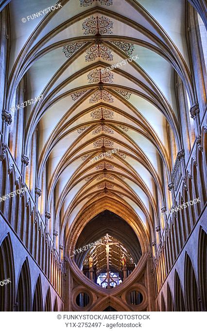 The aisle of the medieval Wells Cathedral built in the Early English Gothic style in 1175, Wells Somerset, England