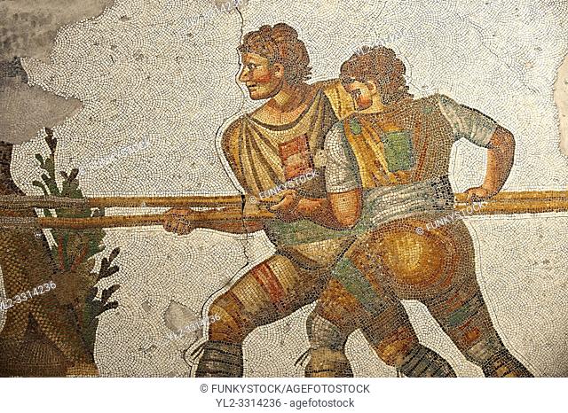 6th century Byzantine Roman mosaics of a hunters from the peristyle of the Great Palace from the reign of Emperor Justinian I. Istanbul, Turkey