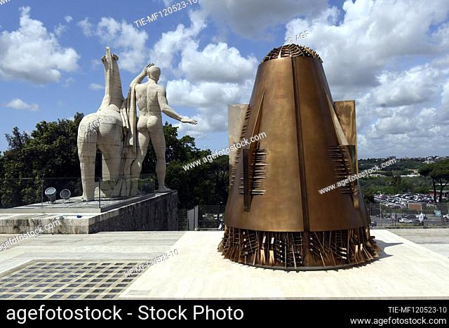 This photo taken on May 11, 2023 shows a sculpture during a media preview of the exhibition ""The Great Theatre of Civilizations"" at Fendi's headquarters in...