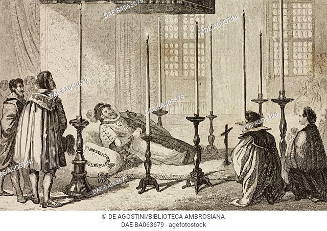 Exposure of the body of Maximilian II after his death, engraving by Lemaitre, Vernier and Monnin, from Allemagne by Philippe Le Bas (1794-1860)