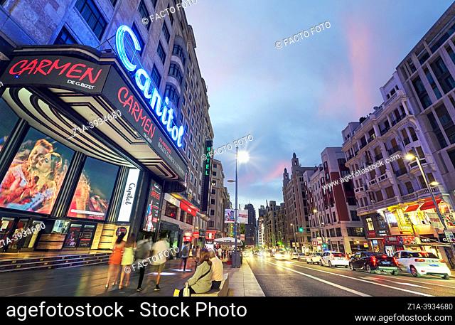 Capitol theater at Gran Via street, Madrid, Spain. Known as the most famous avenue in the city, Gran Via houses many restaurants, bars